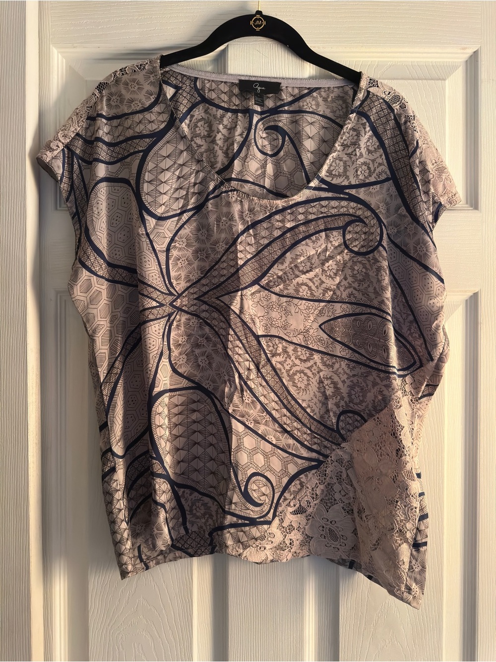 Aqua Taupe Short-Sleeve Blouse with Navy Floral Swirl